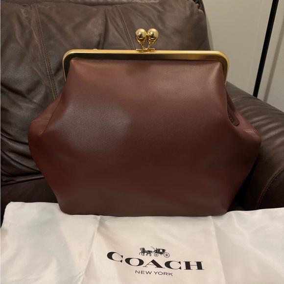 Coach Large Kisslock Frame Bag Designer Crossbody Brass/Brown w/Scratch - Picture 3 of 16